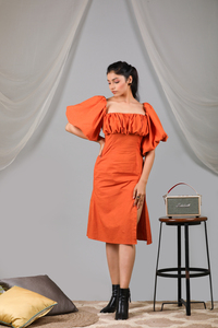 Geometric Lava <b>Red</b> Midi Geometric Lava <b>Red</b> Dress Puff Front Shift Dress With Side Slit Geometric Lava <b>Red</b> One Piece Short Dress - Product Image 4
