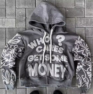 เสื้อฮู้ดดี้สตรีทแวร์แบบซิป ปักลายพิมพ์นูน ประดับคริสตัล ผลิตตามแบบ OEM ผ้าคอตตอนหวี 100% หนัก 500 กรัม คุณภาพสูง สำหรับผู้ชาย - Product Image 4