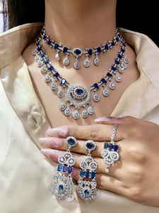 Premium Double Layer <b>Necklace</b> <b>Set</b> with Long Earrings And Maang Tikka Star Cut American Diamond Perfect For <b>Wedding</b>, Party Wear - Product Image 3