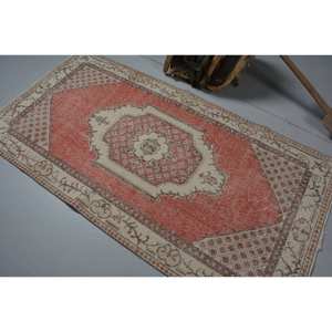 พรมตุรกีวินเทจคลาสสิกสีเบจสีแดง3.6 X 7ft พื้นที่ขนาดใหญ่ผ้าขนสัตว์ด้านหลังเย็บปะติดปะต่อกันลวดลายนามธรรมสำหรับห้องโถงห้องวัยรุ่น - Product Image 4