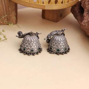 Oxidized <b>Silver</b> Green Stone <b>Jhumka</b> Earrings Traditional Indian Jewelry Gift for her - Product Image 2