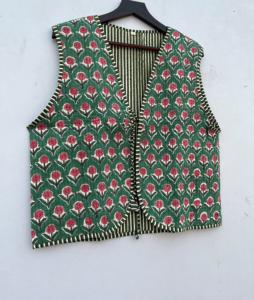 Veste matelassée en coton imprimé fleuri pour femmes faite à la main col en V avant ouvert cravate-sans manches courtes catégorie gilets pour femmes - Product Image 4