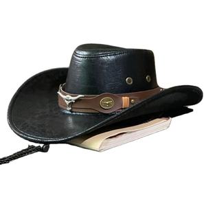 Sombrero de vaquero occidental Vintage, cinturón de cabeza de buey, remache, sombreros Fedora para hombres y mujeres, viajes al aire libre, ala ancha, piel sintética, gorras de Sol de vaquera - Product Image 4