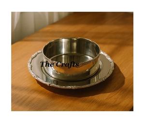 Bol en fer massif avec assiette, couleur argent poli, personnalisable, vaisselle en fer pour servir lors de mariages - Product Image 1