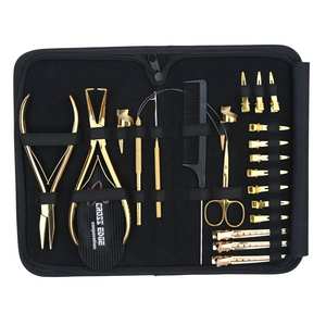 Kit de démarrage d'outils pour extensions capillaires dorées avec pince de retrait de micro-anneaux, outil de sertissage de micro-perles, outil à crochet, peigne, boucle de tirage et pinces - Product Image 1