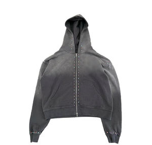 Custom Sweat Stack <b>Pant</b> Track <b>Suits</b> Acid Wash Tracksuits Rhinestone Zip up Hoodie and Flare Sweatpants Sweatsuit Set for Men - Product Image 2