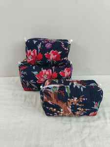 Set Of 3 Cotton <b>Quilted</b> Makeup Bag & Organizer Cotton Toiletry Case mTravel Bag floral Print Makeup Bag Toiletries Organizer Bag - Product Image 3