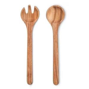 Ensemble de service à salade en bois d'acacia, cuillère et fourchette pour salade, soupe, fruits épicés, outils de mélange, poignée imprimée en émail - Product Image 6