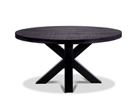 Table de salle à manger de cuisine ronde en bois massif de style européen à finition brute noire en bois de manguier avec pieds en métal en forme de X, 4 places