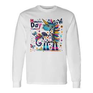 T-Shirt a Maniche Lunghe per la Scuola con Unicorno Colorato 'Mismatch Day Champion', T-Shirt Promozionale Personalizzabile - Product Image 1