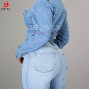 Chaquetas clásicas informales recortadas de mezclilla para mujer con cuello único, Chaqueta vaquera azul lavada con bolsillos abotonados para mujer - Product Image 5