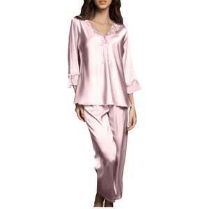 ชุดนอนเอวยางยืดสองชิ้นสำหรับผู้หญิงชุดนอนแขนยาวระบายอากาศสวมใส่สบายดีไซน์คลาสสิก - Product Image 1