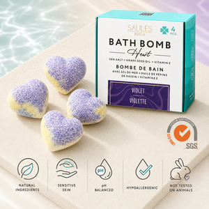 Coffret Cadeau de Bombes de Bain Cœur Violet 4 Pièces avec Huile de Pépins de Raisin, Sel Marin, Vitamine E – Bombes de Bain Effervescentes Hydratantes pour Soins de la Peau - Product Image 4