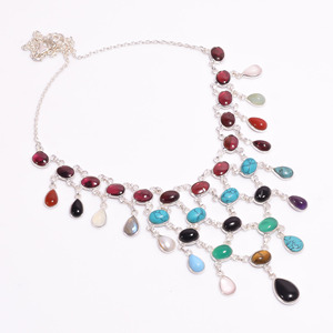 Wholesale 925 Sterling <b>Silver</b> <b>Necklace</b> for Women Classic Design with Mixed Gemstones <b>Handmade</b> Fine Chains Jewelry - Product Image 1