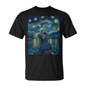 T-shirt promozionale con grafica Notte stellata di Van Gogh e simpatico focaio leone marino - Product Image 2