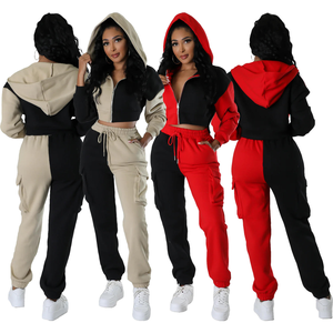 Womens color block fleece tracksuit zip up <b>hoodie</b> with <b>matching</b> <b>jogger</b> pants two piece set soft cotton casual outfit black - Product Image 2