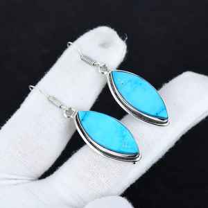925 Sterling <b>Silver</b> Plated Bohemian Style Fashionable Blue Turquoise Marquise Gemstone Natural Bezel Party Wear <b>Earring</b> - Product Image 4