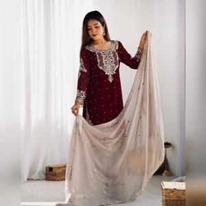 Luxury georgette plazzo salwar kameez with heavy <b>thread</b> work top and plazzo with dupatta pair for casual outing boutique style - Product Image 4
