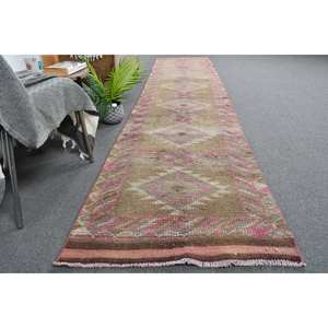 Alfombra turca Vintage de 2,6x11,8 pies, área grande, marrón, rosa, diseño de retazos, Material de lana, respaldo de látex, pasillo rectangular abstracto - Product Image 4