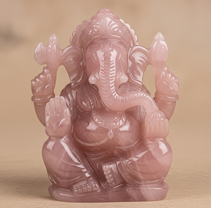 รูปปั้นพระพิฆเนศแกะสลักด้วยมือรูปปั้นอินเดียแกะสลักด้วยมือด้วยหินคริสตัลบำบัดกึ่งมีค่าประดับโรสควอตซ์ - Product Image 1