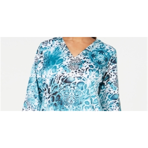 JM Collection Top casual da donna con collo diviso, stampa leopardata verde, taglia Petite S/M - Product Image 2