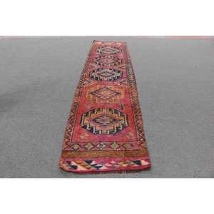 2.6x10.6 ft <b>Runner</b> Turkish Rug, <b>Red</b> Ikat Vintage Rug - Product Image 1