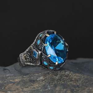 Anillo de Plata de Ley 925 de Alta Calidad Estilo Otomano para Hombre, Joyería de Moda con Piedra Natural Turca Azuris VALKH1853 - Product Image 3