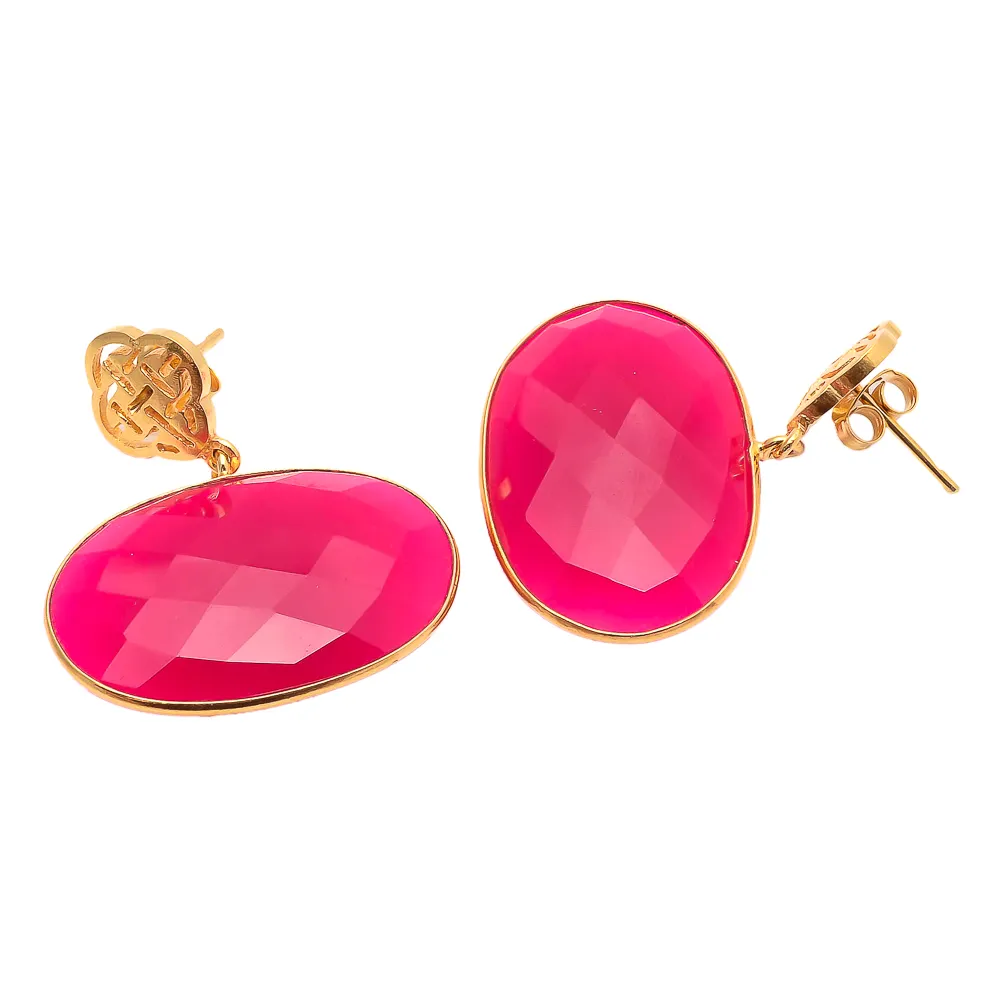 New Silver Fuchsia Chalcedony Brass Earrings Gemstone Oval Bezel Set Jewelry Drop Beautiful Simple Drop Earrings12x16mm