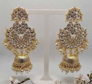 Handmade Gold-Plated Kundan <b>Jhumka</b> Earrings - Intricately Designed Pakistani Fashion Jewelry Wholesalers - Product Image 3