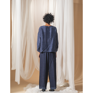 Blusa MAHIRA para Mujer, Tejida a Mano, Satén Azul con Cuello Asimétrico, Diseño a Cuadros, Estilo Retro, Talla XL, para Todas las Temporadas - Product Image 5