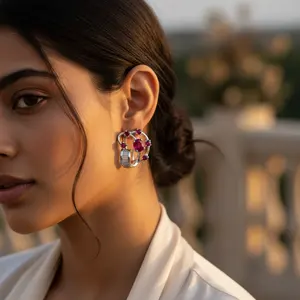 Boucles d'oreilles pendantes en or 18 carats, style mignon, rubis et diamants, pour femmes, boucles d'oreilles pendantes et à clous avec motif floral pour mariage - Product Image 1
