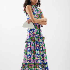 Vestido Maxi de Crepé con Estampado Floral, Talla XL, Estilo Casual para la Noche, Viscosa y Algodón, Sin Mangas, Estilo Sexy con Volantes Naturales - Product Image 1