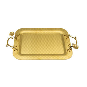 ถาดเสิร์ฟทองเหลืองคุณภาพสูง งานแฮนด์เมด ลายตอกแบบพิเศษ พร้อมหูจับรูปดอกไม้ สำหรับตกแต่งบ้าน - Product Image 1