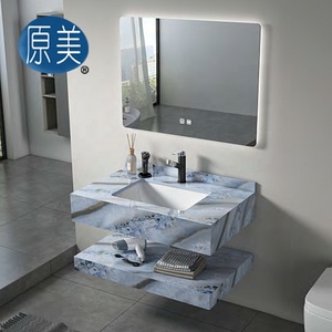 <span class=keywords><strong>Lavabo</strong></span> de cerámica bajo encimera de doble capa de diseño moderno, fregadero de mármol de piedra sinterizada, juego de gabinete de baño con espejo para Hotel - Product Image 2