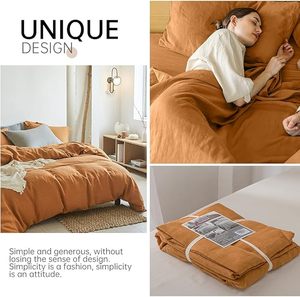 French Washed Flax Duvet Cover Rust Color Soft Breathable Cotton <b>Bedding</b> Button Closure Solid Natural Farmhouse Style Home Hotel - Product Image 3