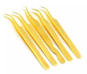 Juego de 3 piezas de pinzas de extensión de pestañas doradas, pinzas rectas y curvadas con caja magnética, ventilador, pastilla de aislamiento, pinzas de puntos finos - Product Image 5