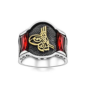 Anello da uomo in argento con zircone rosso e design ottomano Tughra - Product Image 2