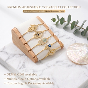 Pulsera de latón con filigrana personalizada OEM, mano de Fátima, amuleto de <span class=keywords><strong>palma</strong></span> con circonitas pavé, cadena <span class=keywords><strong>Bolo</strong></span> ajustable, directo de fábrica - Product Image 1