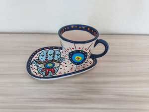 DOUBLE HAND-PAINTED HANDMADE CLASSIC CERAMIC TURKISH HOME COFFEE MUG SET TRAY FRUIT PATTERN PARTY DISHWASHER SAFE DAFNI <b>BIG</b> - Product Image 5