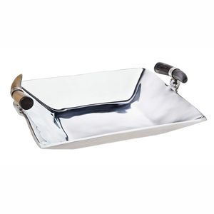 Plateau en métal martelé argenté avec poignées en corne, plat de service décoratif rond, articles de service professionnels pour l'hôtellerie et la décoration intérieure - Product Image 5
