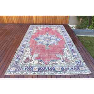 Alfombra de 5.9x9.5 pies, Alfombra Turca Vintage, Alfombra de Lana Roja y Azul Estilo Suroeste - Product Image 1