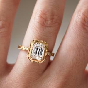 10x8mm <b>Emerald</b> Cut Moissanite Diamond Engagement <b>Ring</b> | Vintage Bezel Halo Solitaire | Sterling <b>Silver</b> 18K Gold Plated Bridal - Product Image 1