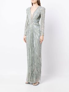 ชุดเดรสทรงเอไลน์สำหรับผู้ใหญ่ แขนยาว คอวี ปักลายฉลุด้านข้าง ยาวกรอมพื้น ประดับมุกด้านหน้า แต่งลูกปัด ผ้าสีพื้น - Product Image 3