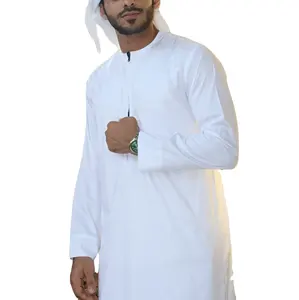 Người đàn ông của Arabic Robe thobe jubbah cotton trung đứng cổ áo hồi giáo quần áo thobe Arabic Dubai abaya kaftan phong cách trắng nhuộm
