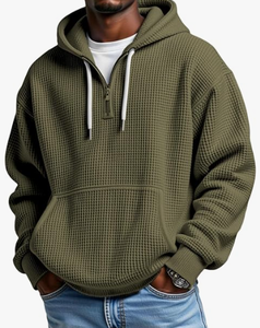 Sudadera con capucha de hombre con cremallera de un cuarto, 100% algodón, tejido gofrado, corte holgado, informal, manga larga, con bolsillos, transpirable - Product Image 1