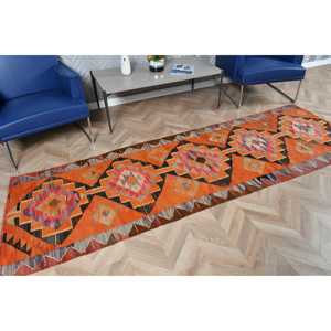 Tapis turc vintage, tapis de couloir 3x9,4 pieds, tapis persan Kilim orange - Product Image 2