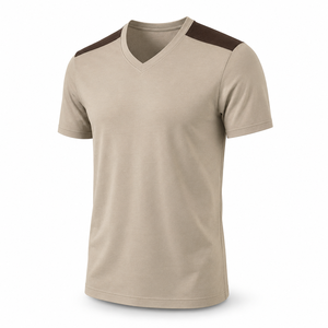 T-shirt en coton personnalisé à col en V avec empiècements marron foncé aux épaules, vêtements décontractés à manches courtes pour hommes, vente en gros - Product Image 3