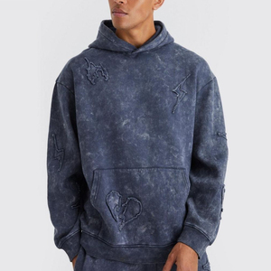 Custom Acid Wash Hoodie Set <b>Men</b> Embroidered <b>Flared</b> Sweatpants Tracksuit Vintage Streetwear Heavyweight Zipper Hoodie - Product Image 3