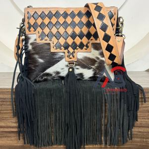 Bolso bandolera con flecos de piel de vaca occidental con solapa de cuero a cuadros artesanal bohemio y hermoso bolso de hombro de gran capacidad de lujo - Product Image 1