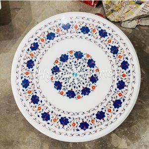 งานฝีมือแบบดั้งเดิม ศิลปะหินอ่อนแบบโบราณ ของตกแต่งห้องรับประทานอาหารสุดหรู ท็อปโต๊ะกาแฟหินอ่อนสีขาว ประดับด้วยหินกึ่งมีค่าลายดอกไม้ - Product Image 3